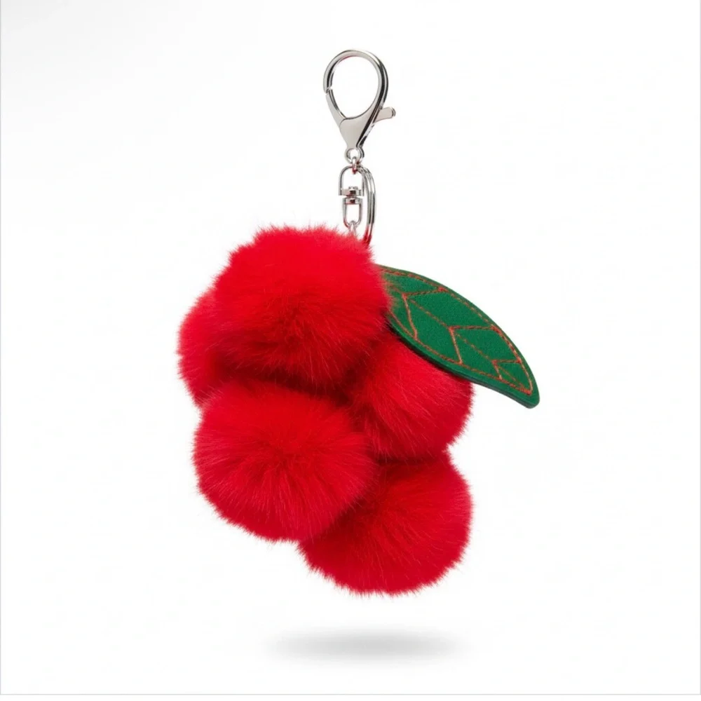 Vibrant Red Cherry Pom Pom Keychain